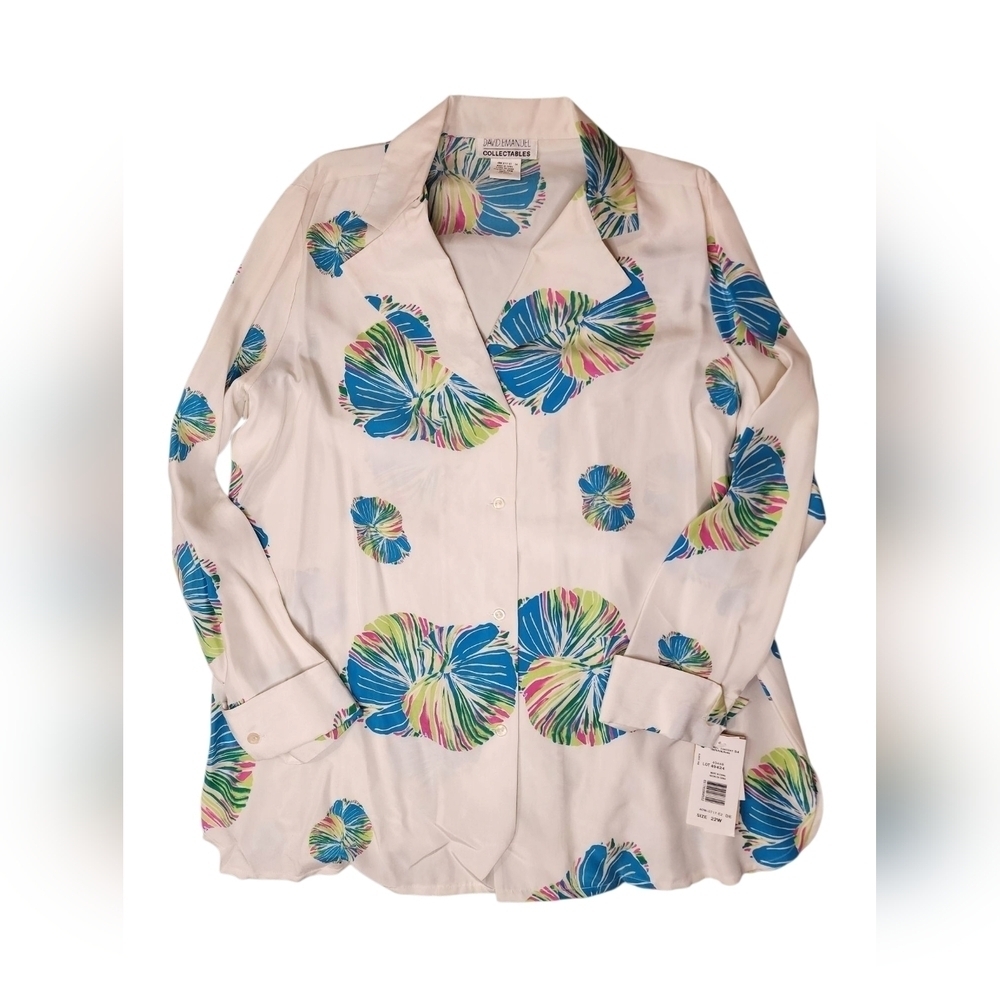 David Emanuel 100% Silk Blouse NWT Vintage Floral Plus Size 22 Button Front Top
